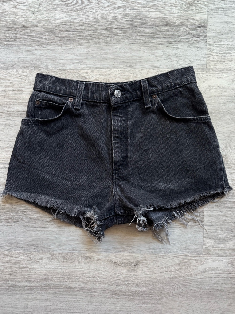 Vintage Levi’s Orange Tab 950 Faded Black Denim High Waist Raw Hem Jean Shorts S